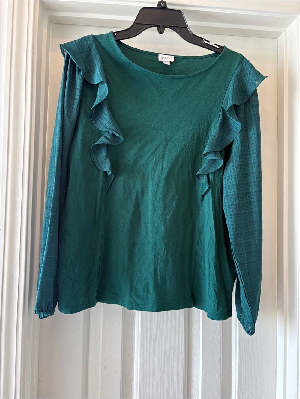 J. Crew Size Large  Teal Ruffle-Trim Long Sleeve Top